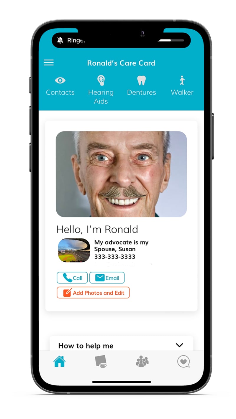A screenshot of the Care Card app, a mobile application that allows caregivers of memory care patients to communicate more easily with other team members.