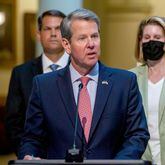 Gov. Brian Kemp talks to the press before signing HB 479, which repeals Georgia's citizen's arrest law at the State Capital Monday, May 10, 2021.    STEVE SCHAEFER FOR THE ATLANTA JOURNAL-CONSTITUTION