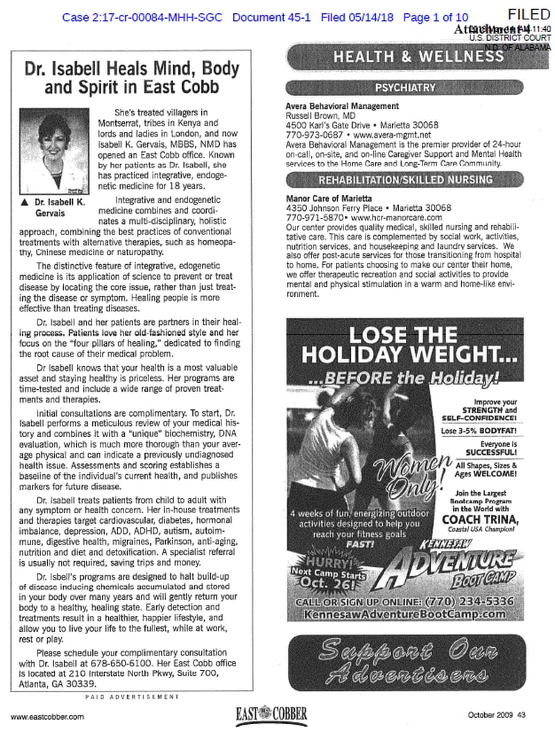 This is an advertisement from Isabell Gervais from October 2009 promoting her medical practice in Cobb County.