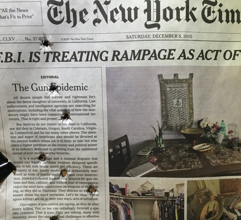 "I hope everyone will join me in posting pictures of bullet holes in the New York Times editorial," Erickson posted with this photo. "Send them your response. Put them on Instagram and use the hashtag for my radio show and I may give you a shoutout."