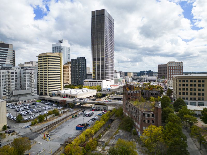 The former Atlanta Constitution building, in the lower right of this photo, has been vacant for decades. Trees grow out of its roof and it has attracted vagrants and graffiti artists. But it is one of the few examples of Art Moderne architecture in Georgia. Photos: the Georgia Trust