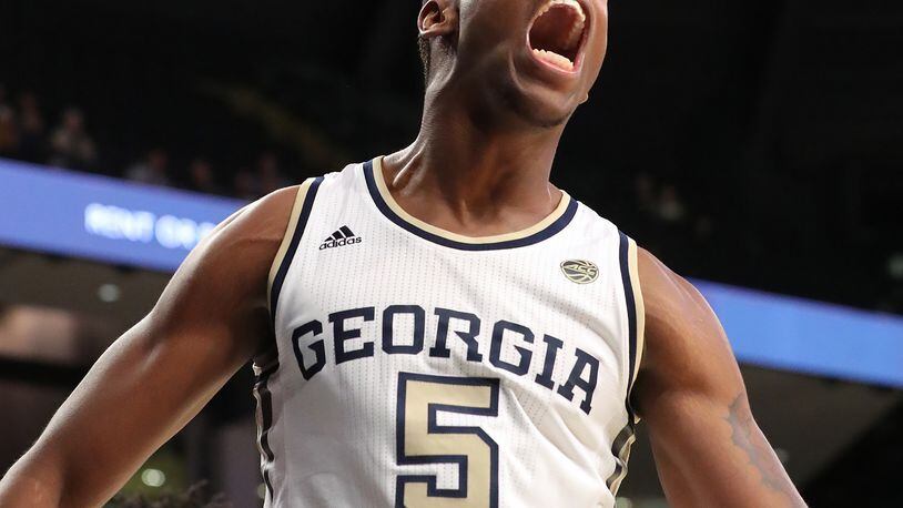 Georgia Tech forward Moses Wright takes great joy in an early-season dunk against Bethune-Cookman.  (Curtis Compton/ccompton@ajc.com)