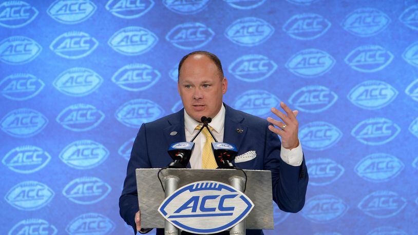 Georgia Tech head coach Geoff Collins addresses the media during the 2019 ACC Football Kickoff in Charlotte, N.C., Thursday July 18, 2019. (Photo by Sara D. Davis, the ACC)
