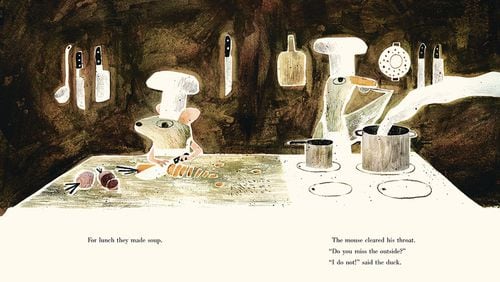 In “The Wolf, the Duck & the Mouse” by Mac Barnett, the illustrations by Jon Klasssen include the duck and the mouse making themselves at home inside a wolf who swallowed them (but did not eat them). USED WITH PERMISSION FROM CANDLEWICK PRESS