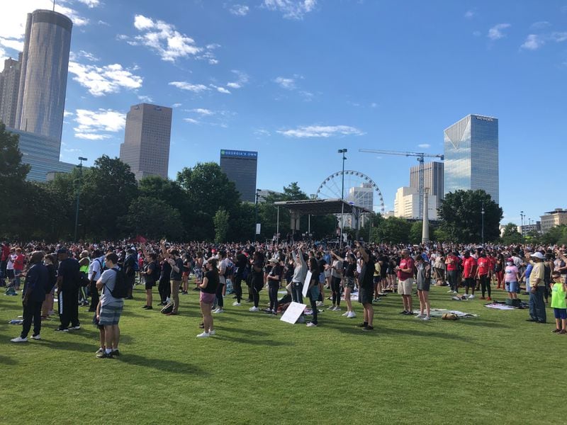 The "March on Atlanta" crowd observing Juneteenth at Centennial Olympic Park Friday morning June 19, 2020. 