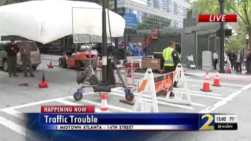 Detour signs are up along 14th Street in Midtown because of production of "The Avengers" movie.
