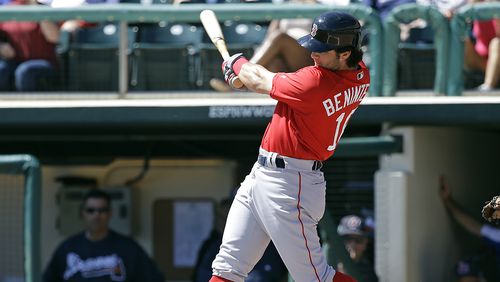 Boston’s Andrew Benintendi doubles in the first inning Friday, one of four hits he had including a home run in a 9-1 win against Braves at ESPN Wide World of Sports. (AP Photo/John Raoux)