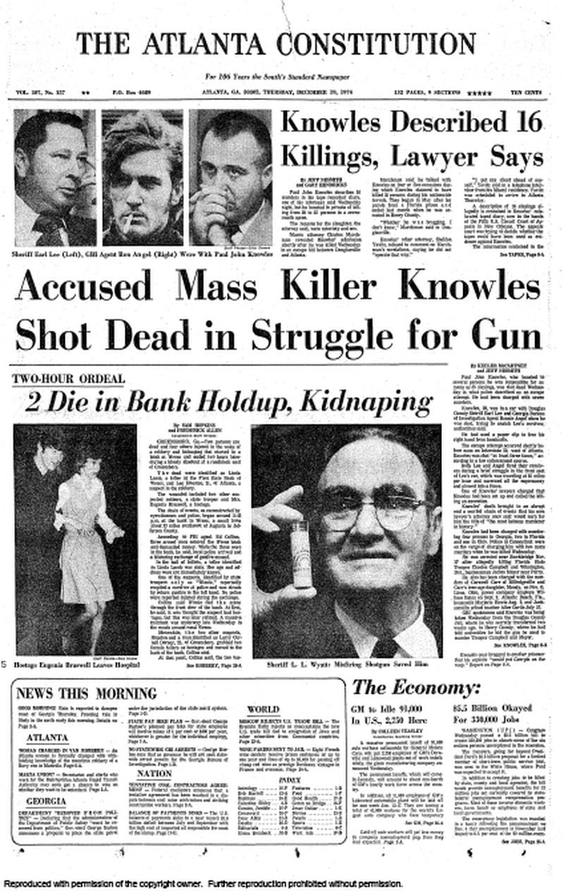 Dec. 19, 1974 -- The Constitution front page detailed the escape attempt and subsequent killing of Paul John Knowles, ending his murderous spree through Georgia. AJC PRINT ARCHIVES