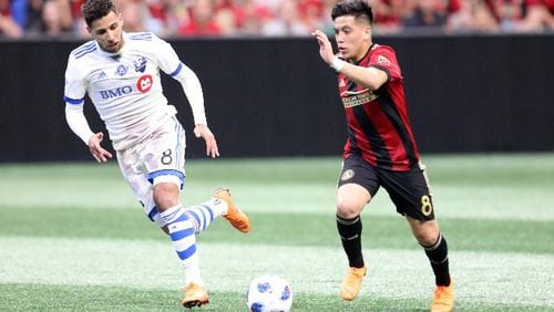 April 28, 2018.  Atlanta United midfielder Ezequiel Barco started the game but was replaced in the second half at Mercedes-Benz Stadium in Atlanta, Georgia, on Sunday, April 28, 2018.