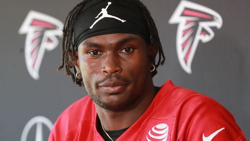 Falcons star wide receiver Julio Jones talks about his ongoing contract negotiations during the third day of training camp on Wednesday, July 24, 2019, in Flowery Branch.
