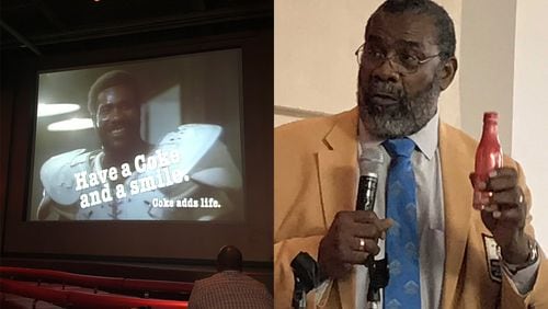 The "Mean" Joe Greene Coke ad is part of the ad documentary playing at the World of Coke. "Mean" Joe Greene himself showed up to talk about his legacy at the World of Coke on Friday, February 1, 2019 during Super Bowl weekend. CREDIT: Rodney Ho/rho@ajc.com