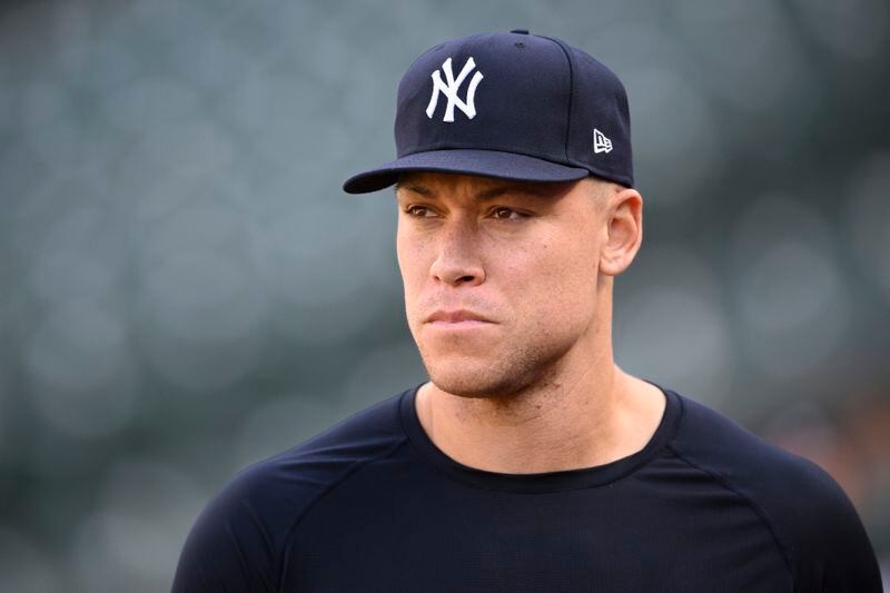 New York Yankees left fielder Aaron Judge looks on before a baseball game against the Baltimore Orioles, Monday, April 29, 2024, in Baltimore. (AP Photo/Nick Wass)