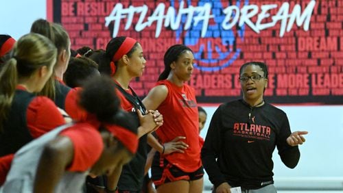Atlanta Dream head coach Tanisha Wright (right) instructs during Atlanta Dream training camp, Tuesday, May 2, 2023, in Chamblee. (Hyosub Shin / Hyosub.Shin@ajc.com)