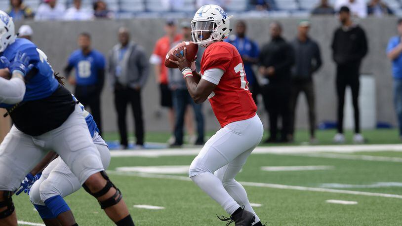 Quarterback Dan Ellington, a junior college transfer, was 21-for-24 for 249 yards with four touchdown passes in the Georgia State spring football game April 7, 2018 at Georgia State Stadium. (Photo courtesy of Georgia State Sports Communications)