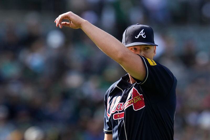 Michael Soroka of the Braves walks to the dugout after pitching against the Oakland Athletics during the second inning of a baseball game in Oakland, Calif., Monday, May 29, 2023. (AP Photo/Godofredo A. Vásquez)