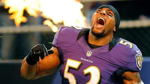 Baltimore Ravens linebacker Ray Lewis reacts as he is introduced before an NFL preseason football game against the Detroit Lions in Baltimore. Lewis was elected to the Pro Football Hall of Fame on Saturday, Feb. 3, 2018. (AP Photo/Nick Wass, File)