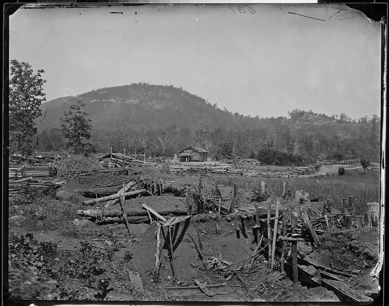 Federal fortifications scar the Cobb County landscape in June 1864. The Confederates hold Kennesaw Mountain in the distance. NATIONAL ARCHIVES PHOTO