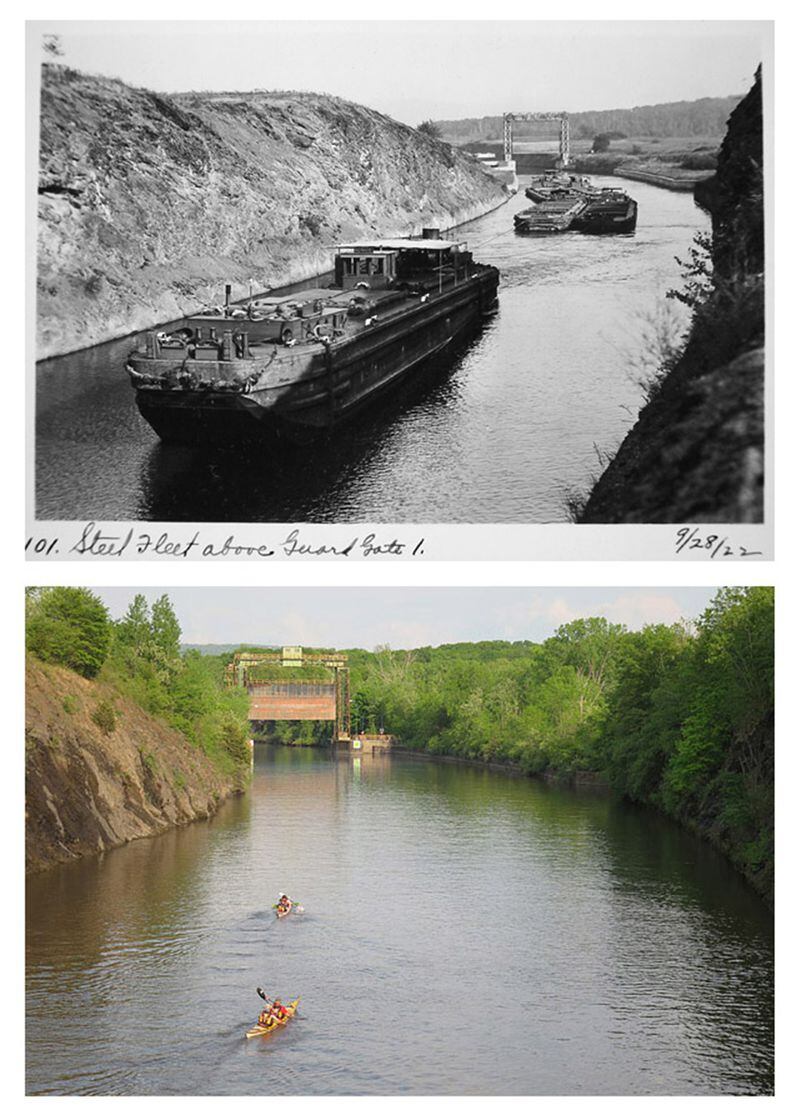 Waterford Flight Guard Gate 1, both in 1922 and today. (Erie Canalway National Heritage Corridor)