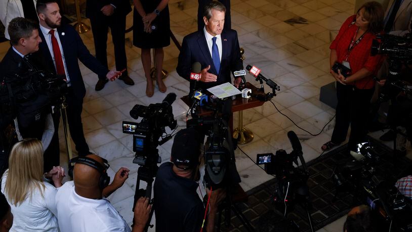 Gov. Brian Kemp takes questions from the media after he announced his plan to provide a $130 million cash infusion to Grady Health System during a press conference at the Georgia Capitol in Atlanta on Thursday, September 15, 2022.   (Bob Andres for the Atlanta Journal Constitution)