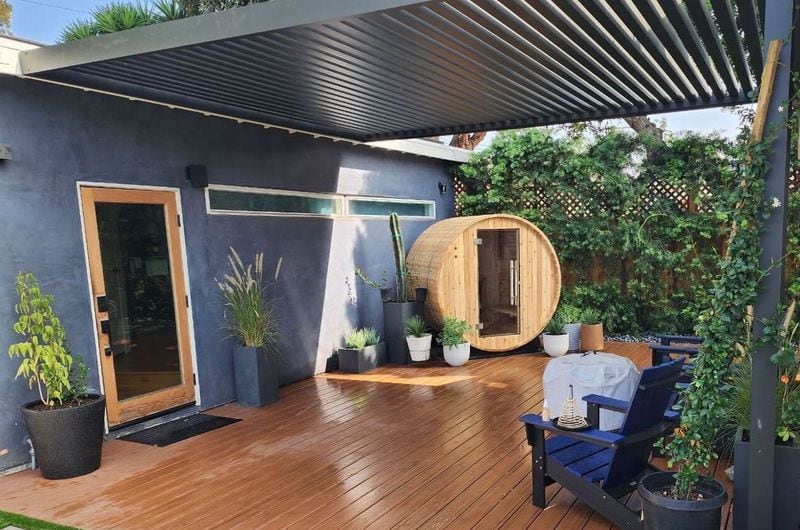 The outdoor sauna built of cedar was designed by Yardzen.
Photo: Courtesy of Green Advisors for Yardzen