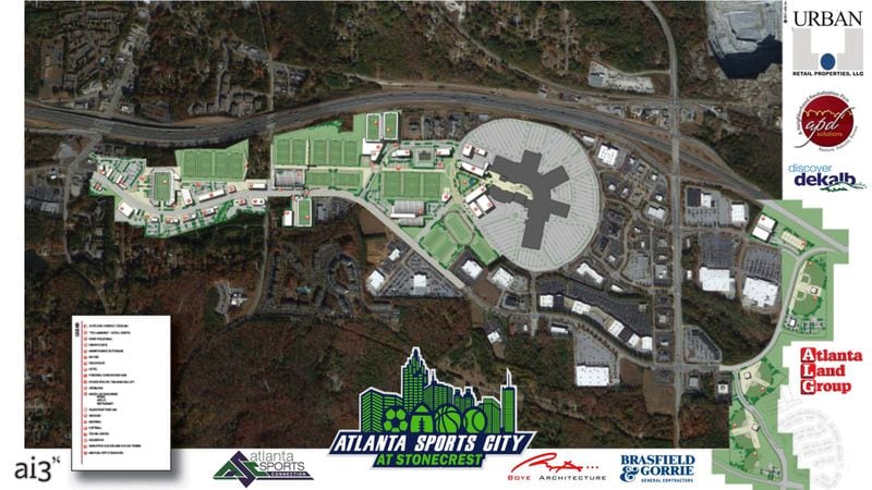 An updated aerial site plan shows how the Atlanta Sports City complex will connect to Stonecrest Mall, which is depicted near the center of the image. Photo credit: Discover DeKalb