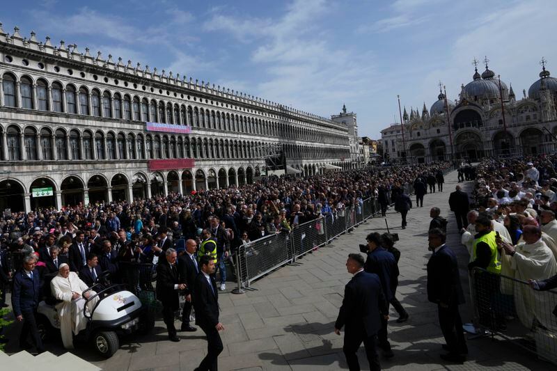 Pope Francis arrives in St. Mark Square to celebrate a mass in Venice, Italy, Sunday, April 28, 2024. The Pontiff arrived for his first-ever visit to the lagoon town including the Vatican pavilion at the 60th Biennal of Arts. (AP Photo/Alessandra Tarantino)