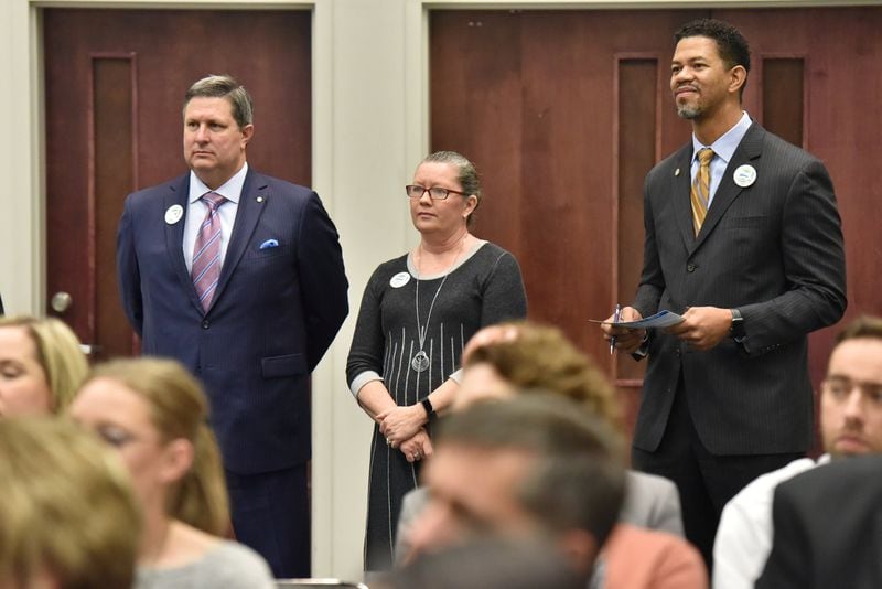 January 11, 2019 Atlanta - (From left) Greg Cantrell, Paige Haven and Marlon Allen listen during a kickoff meeting at The Hudgens Center for Art and Learning in Duluth on Friday, January 11, 2019. Go Gwinnett, the formal pro-transit advocacy group that will be pushing for Gwinnett to approve its March referendum on joining MARTA, hold its kickoff meeting Friday. HYOSUB SHIN / HSHIN@AJC.COM