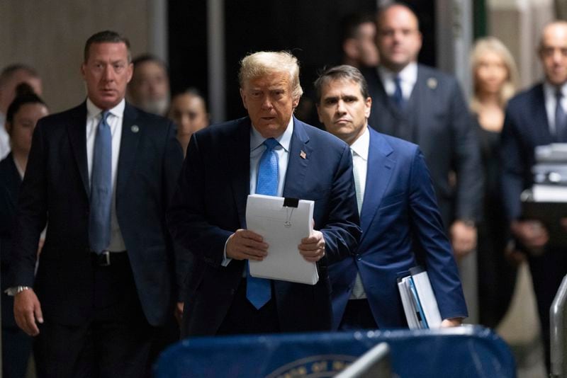 Former President Donald Trump arrives at Manhattan criminal court before his trial in New York, Friday, April 26, 2024. (Jeenah Moon/Pool Photo via AP)