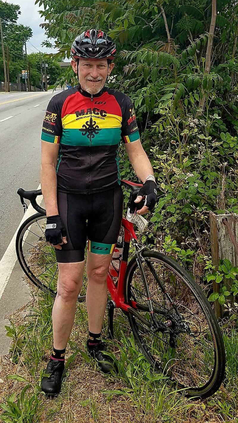 Cyclist Tom Tomaka stands near the spot where he hit a tree in 2016 during a 50-mile bike ride. He was treated at Grady Memorial Hospital for fractures of two vertebrae in his neck, and made a full recovery. CONTRIBUTED BY TOM TOMAKA