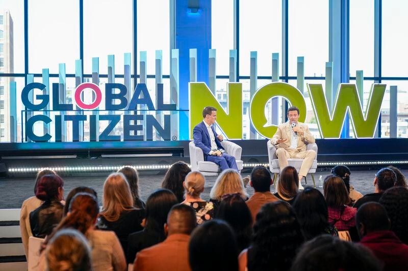 Actor and Global Citizen Ambassador Hugh Jackman, right, is joined by Global Citizen CEO and Co-Founder Hugh Evans as he addresses attendees of the Global Citizen Now conference, Thursday, May 2, 2024, in New York. (AP Photo/Mary Altaffer)