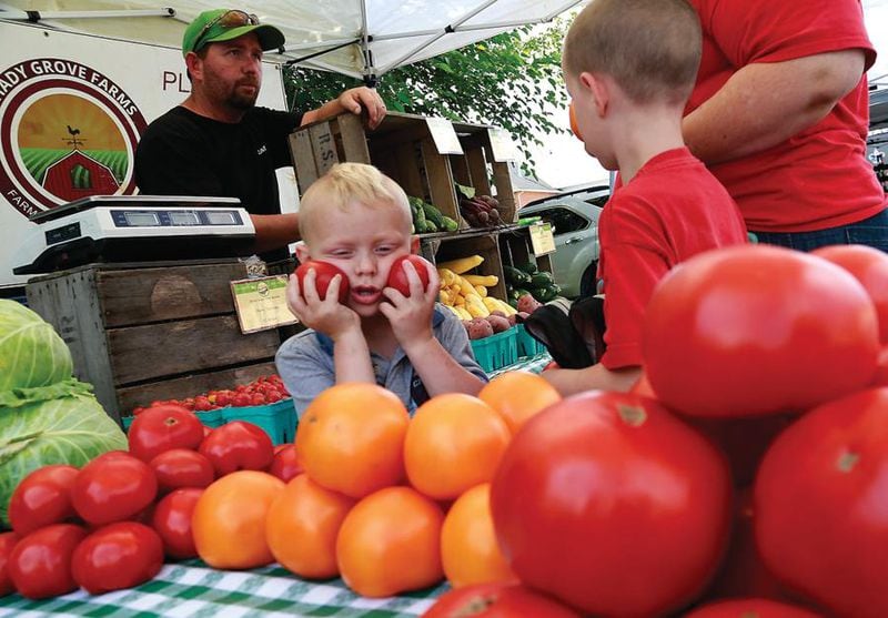 Jacob Waha holds two cool tomatoes to his face Thursday as he and his brother Jeremiah pick out some tomatoes for their mother from the Shady Grove Farms booth at the South Vienna Farm Market. Bill Lackey/Staff