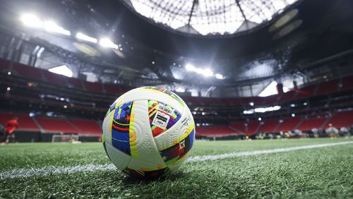 A MLS soccer ball is shown during Atlanta United training camp at Mercedes-Benz Stadium, Tuesday, January 16, 2024, in Atlanta. (Jason Getz / Jason.Getz@ajc.com)