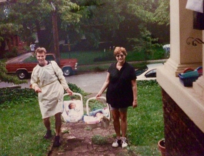 Bringing home our twin babies in 1997. (Note, that’s a hospital gown I’m wearing, not a dress!) 