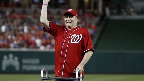 House Majority Whip Steve Scalise throws out the ceremonial first pitch before Game 1 of the National League Division Series between the Washington Nationals and the Chicago Cubs at Nationals Park.
