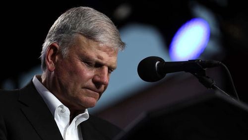 The Rev. Franklin Graham speaks during his 'Decision America' tour at the Stanislaus County Fairgroundsin 2018.