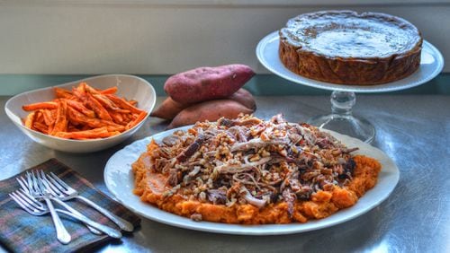 Justin Manglitz’s Sweet Potato French Fries (left). Hudson Rouse’s Pulled Pork with Smashed Sweet Potatoes and Pecans (center). Nik Sharma’s Sweet Potato Bebinca (right). (PHOTO CONTRIBUTED BY CHRIS HUNT; STYLING BY WENDELL BROCK)