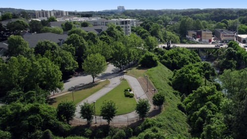 This is a drone shot of the 579 Garson Drive site in Buckhead.