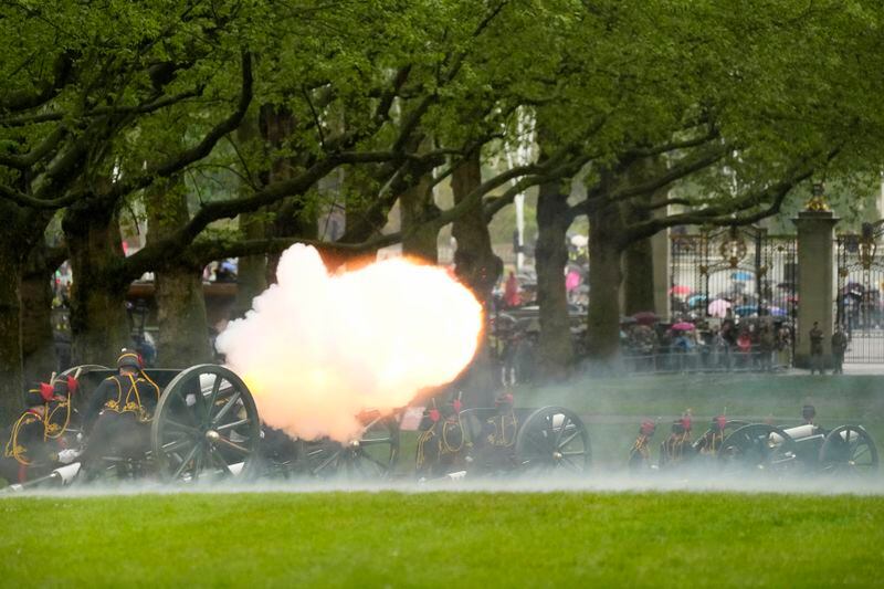 The King's Troop Royal Horse Artillery fire a 41 Gun Royal Salute in Green Park to mark the first anniversary of the Coronation of Britain's King Charles III and Queen Camilla, in London, Monday, May 6, 2024. (AP Photo/Frank Augstein)