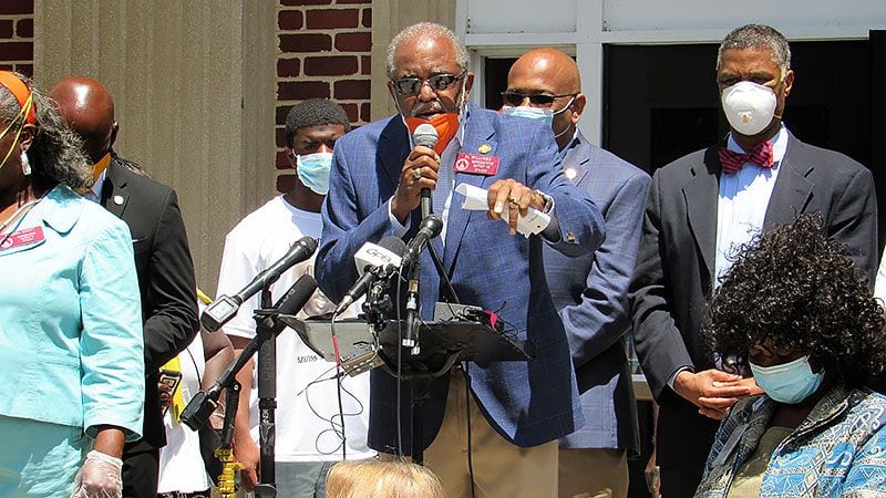State Rep. Al Williams speaks Tuesday at a rally in Brunswick calling for the passage of a state hate-crimes law.