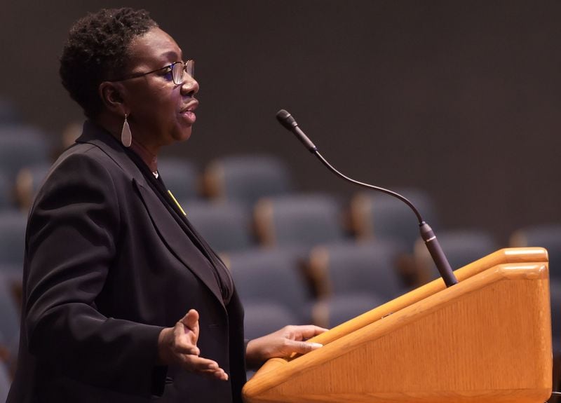 Penny Poole, president of the Gwinnett NAACP, addressing the Gwinnett Board of Commissioners in 2018. JENNA EASON / JENNA.EASON@COXINC.COM