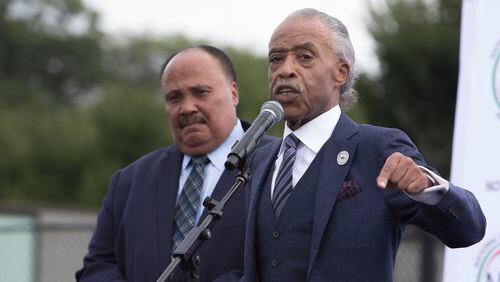 The Rev. Al Sharpton speaks beside Martin Luther King III, during the One Thousand Ministers March for Justice rally in Washington, Aug. 28, 2017. The rally, organized by Sharptons National Action Network, falls on the 54th anniversary of the March on Washington. (Tom Brenner/The New York Times)