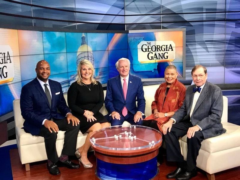 Lori Geary (second to left) joins Fox 5's "The Georgia Gang," which features Tharon Johnson, Phil Kent, Alexis Scott and Dick Williams. CREDIT: Fox 5