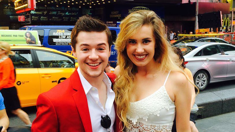 Nick Eibler of West Forsyth High School and McKenzie Kurtz of Milton High School, named best actor and actress, respectively, in the Georgia High School Musical Theater Awards (also known as the Shuler Hensley Awards) in April, are shown in Times Square before preparing to compete in the seventh annual National High School Musical Theatre Awards.