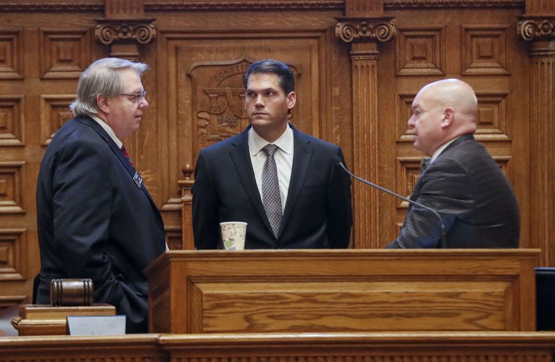 From left: Minority Leader Steve Henson, D-Stone Mountain, Lt. Gov. Geoff Duncan, and Majority Leader Mike Dugan, R-Carrollton during a coronavirus-related special session of the Georgia Legislature on March 16, 2020.  (BOB ANDRES / robert.andres@ajc.com)