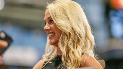 NBC Sports Chicago reporter Kelly Crull during the third game of the final home series between the Milwaukee Brewers and the Chicago Cubs on Sept. 5, 2018, at Miller Park in Milwaukee.