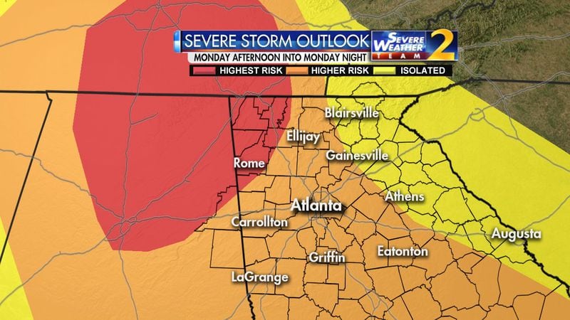 Large hail, damaging wind gusts and isolated tornadoes are the primary risks of severe storms threatening North Georgia Monday. (Credit: Channel 2 Action News)