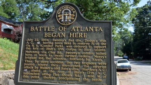 This sign denotes the start of the Battle of Atlanta at Clay Street and Memorial Drive in east Atlanta. Some of the key sites of that 150-year-old battle for the city are denoted on street signs, many of them along Memorial and DeKalb avenues between Decatur and Atlanta. KENT D. JOHNSON / KDJOHNSON@AJC.COM