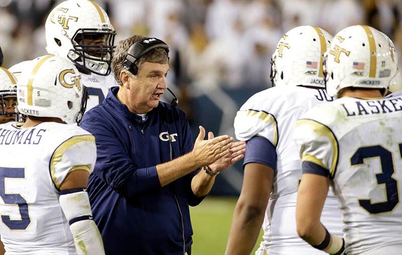 Georgia Tech head coach Paul Johnson talks to players in the second half of an NCAA college football game against Miami, Saturday, Oct. 4, 2014, in Atlanta. (AP Photo/David Goldman) Georgia Tech coach Paul Johnson's ballot reflected his perceptions of two conferences in particular - the ACC and the SEC. (ASSOCIATED PRESS)