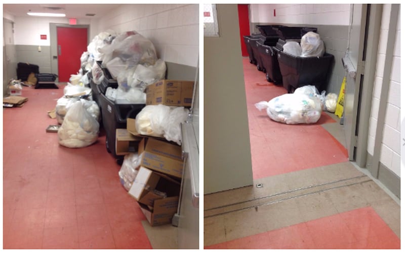On Oct. 2, (left) trash was piled up outside the operating room at Augusta State Medical prison. Two weeks later, (right) the problem remained despite complaints from the medical director.