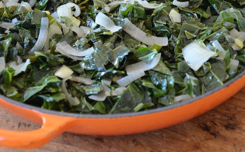 Collard greens sweetened with onions, both from the author's garden. Vegetables can be a surprising source of sweetness. MUST CREDIT: Barbara Damrosch.